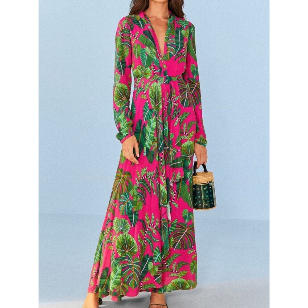 Farm Rio Leaves Print Long Sleeve Maxi Dress In Pink and Green Size S